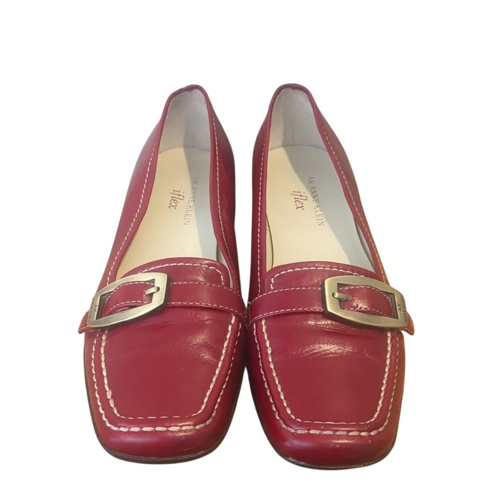 Anne Klein iflex Red Leather Topstitch Gold Hardware Loafers Women's Size 7.5N